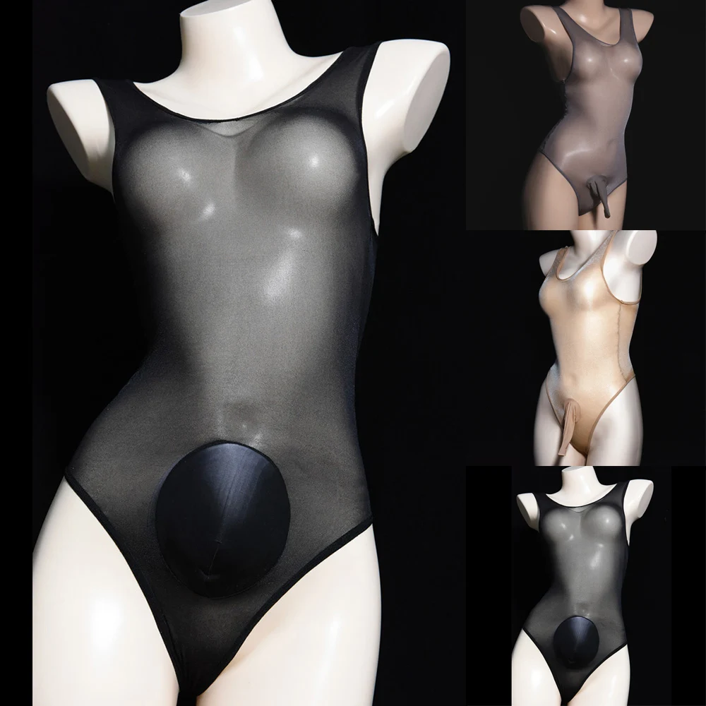 Men's Sleeveless Strappy Mesh Sheer Bodysuit Leotard See Through Pantyhose Sexy Men Oil Shiny Penis Sheath Tights Hosiery
