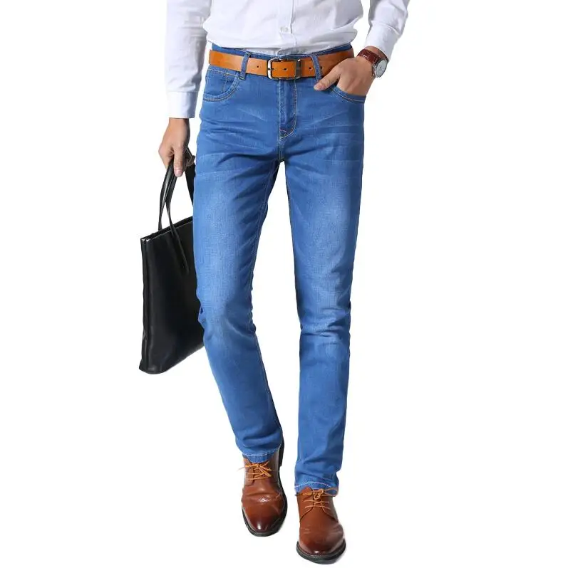 light blue Новые мужские классические джинсы в деловом стиле повседневные Стрейчевые узкие джинсовые брюки светло-синие черные брюки мужские брендовые - Цвет: light blue