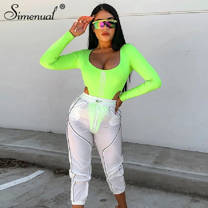 

Simenual Reflective Letter Print Sporty Bodysuits Women Backless Long Sleeve Neon Color Fashion Bodysuit Sexy Workout Rompers