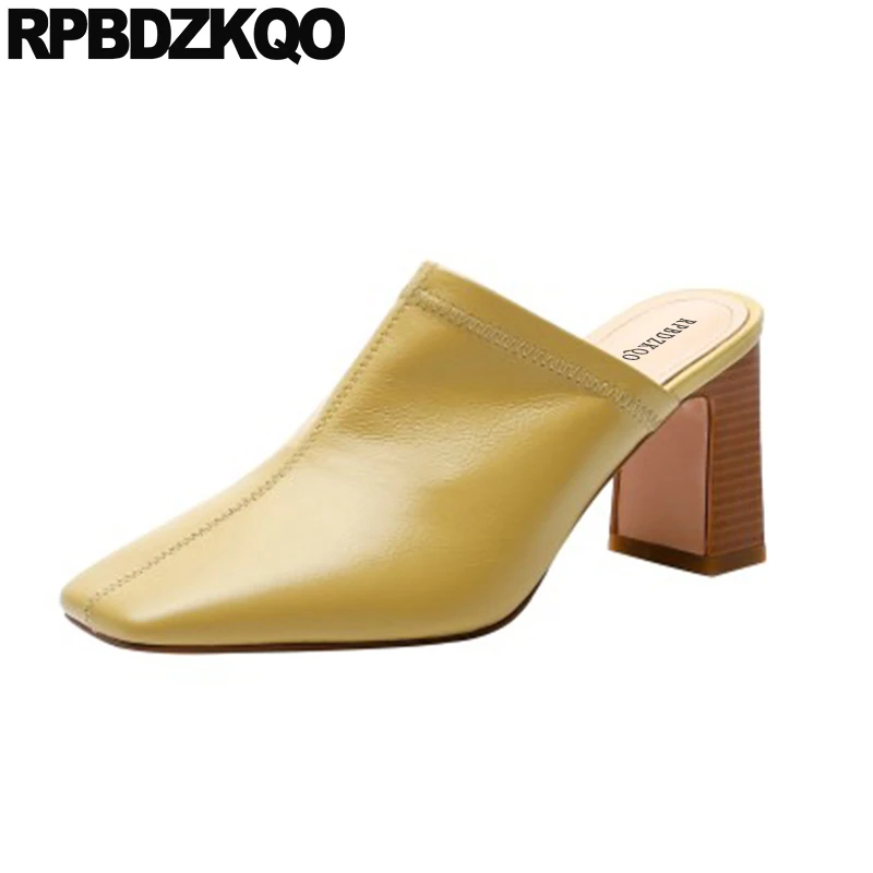 Sandals Square Toe 2021 Women Pumps 3 Inch Shoes High Heels Genuine Leather Mules Slipper Summer New Nude Thick Yellow Size 33 | Обувь