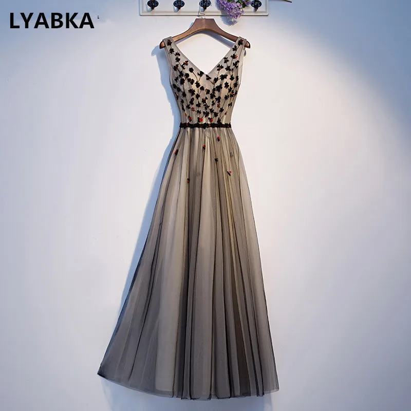 

V-Neck Evening Dress Elegant Robe De Soiree Tulle With Flowers Beads Evening Dresses Long Dress 2020 New Style Vestido De Festa