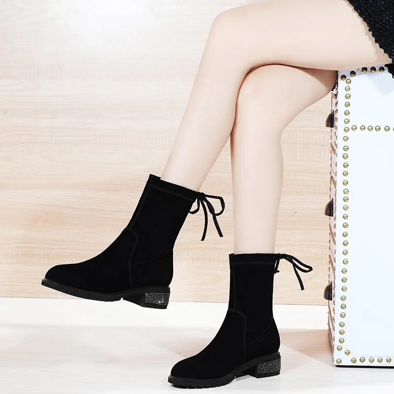 

Gold Lines Rabbit Online Celebrity Thin Boots Women's 2019 Autumn And Winter New Style Chunky-Heel Middle Boots plus Velvet Mart