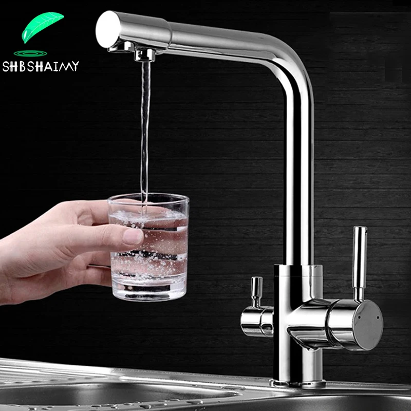 SHBSHAIMY Filter Kitchen Faucet Chrome Drinking Pure Water Kitchen Tap Deck Mounted Dual Handles 3-Ways Hot and Cold Water Mixer