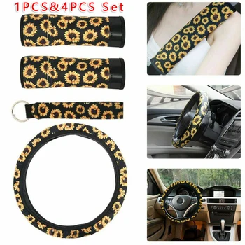 

4pcs/Set Car Steering Wheel Cover Sunflower Print+Seat Belt Pads+Keychain Sunflower Pattern Car Wheel Cover