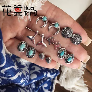 

HuaTang 7pair/sets Bohemian Moon Stud Earrings for Women Punk Silver Color Cactus Shell Fish Tail Crystal Stone Jewelry 9823