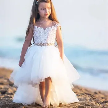 

Amaya White High Low Flower Girl Dresses Lace Appliques Beading Belt Pageant Birthday Vestidos Niñas Holy Communion Gowns