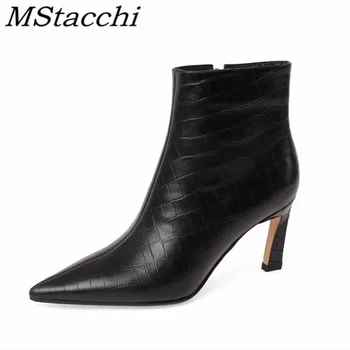 

Mstacchi Grid Pattern Solid Color Side Zipper Sexy Pointed Women Ankle Boots For Woman Leisure Mature Madam Shoes Mulheres Botas