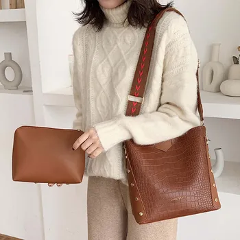 

Fashion rivets women bucket Bag Crocodile pattern Shoulder bags for Female Crossbody Bag Ladies Compound handbag bolsa feminina