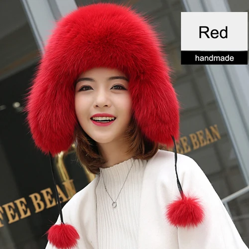 red Шапки-бомберы из натурального Лисьего меха, зимние теплые женские сантехнические шапки с натуральным мехом Vos Bont, серьги, шапки, роскошные качественные меховые шапки для русской леди - Цвет: red