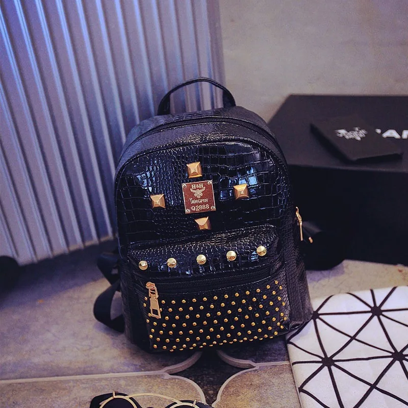 

Hot Selling Crocodile Pattern Rivet Backpack Backpack Small Double Back WOMEN'S Bag Stall Hot Selling Special Offer