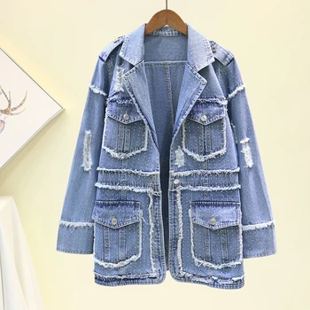 

Korean Fashion Rhinestone Hole Denim Jacket Women Washed Outerwear Spring New Slim Vintage Long Jeans Jacket Female Basic Coat