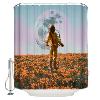 

Sea Of Flowers Astronaut Moon Floating Shower Curtains Waterproof Polyester Fabric Bathroom Shower Curtain &12 Hooks