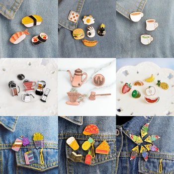 

3-7 Pieces/set Sushi Coffee Fruit French fries Hamburger Egg Pizza Beer Enamel Pins Food Pin Badges Brooches Set Cartoon Jewelry