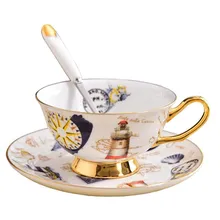 Винтажный набор кофейных чашек, керамические черные чайные чашки с блюдцем, дизайнерский фарфор из костяного фарфора, фарфоровый набор с ложкой, Ретро Новое поступление