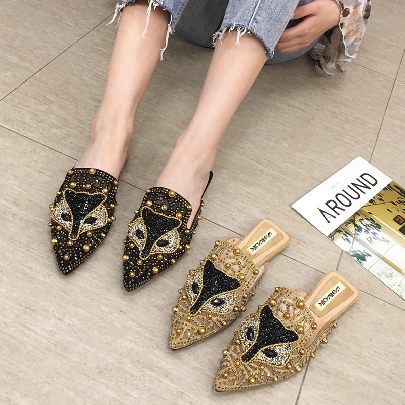 Fox Design Mules Shoes Women Flat Slippers Pointed Toe Rhinestone Rivet Stud Ladies Luxury Loafers Slip On Wedding Party Shoe