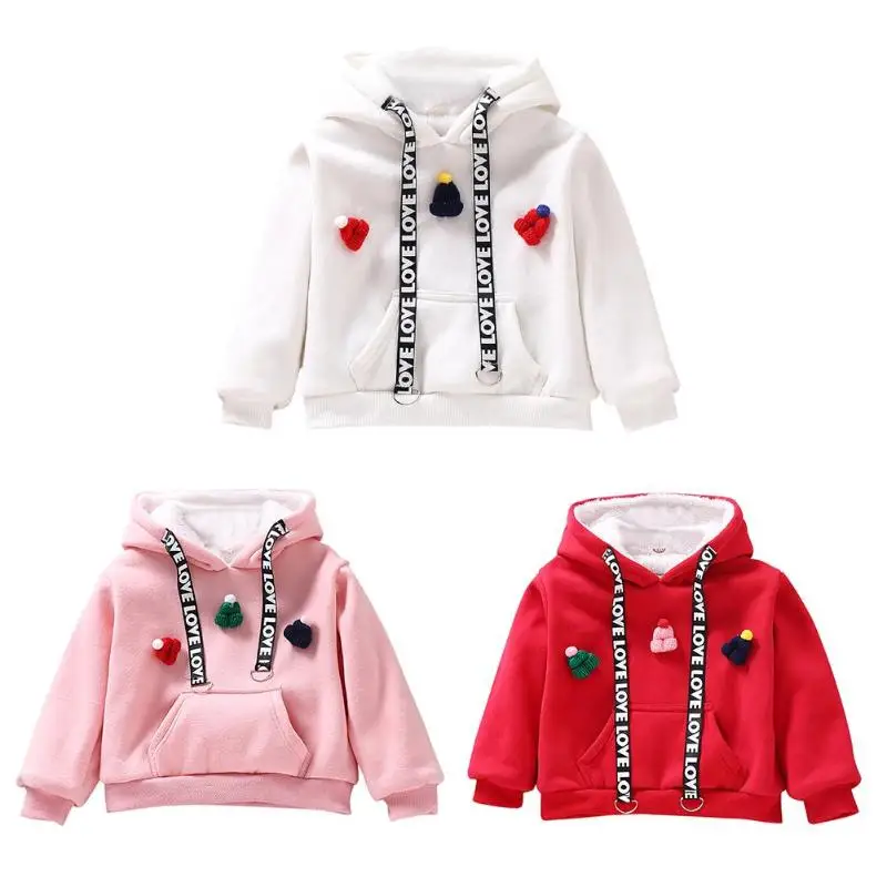 

Cap Decor Hoodies Kids Girls Cotton Long Sleeve Solid Pocket Drawstring Coat Winter Kangaroo Stitching Pullover Hooded Jumper