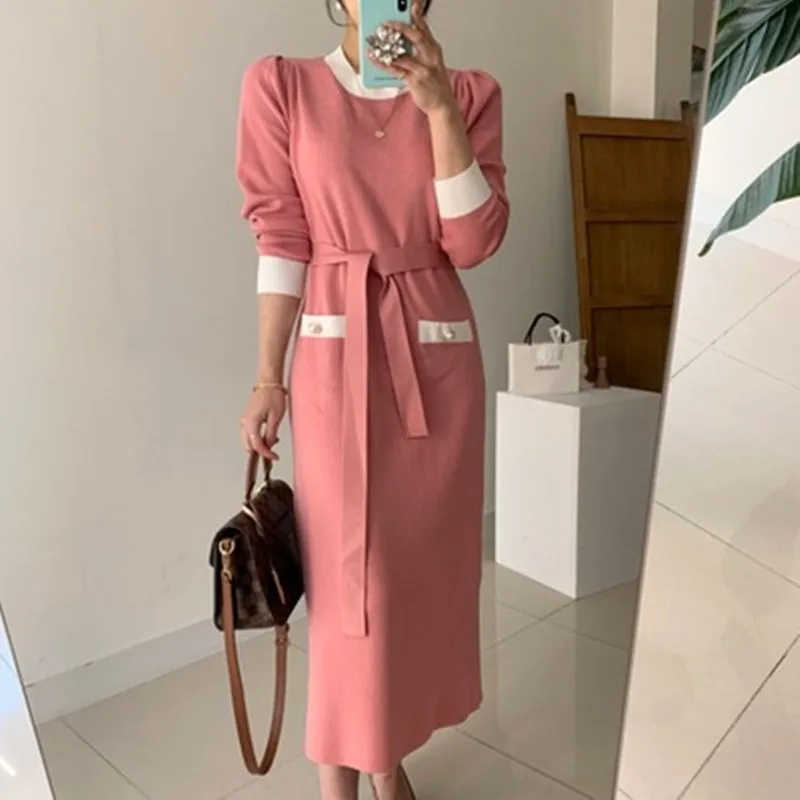 

Elegant New Chic O-Neck Loose Pearl Button Deco Sashes Bow Splicing Knitted Dress Autumn Puff Sleeve Long Sweater Dress