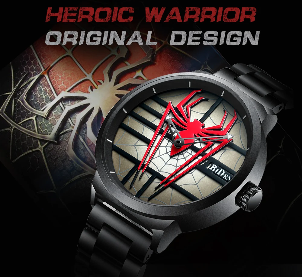 BIDEN мужской роскошный бренд часов полностью Стальные кварцевые часы водонепроницаемые мужские наручные часы модные спортивные часы Человек-паук