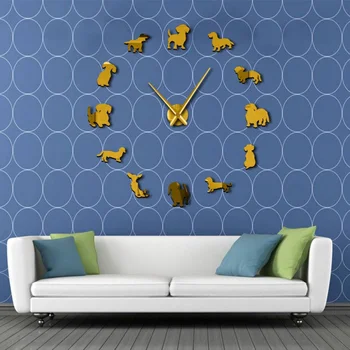 

DIY Wall Clock Creative Art Dog Big Wall Clock Puppy Dog No Frame Wall Clock With Mirror Effect Living Room Home Decoration