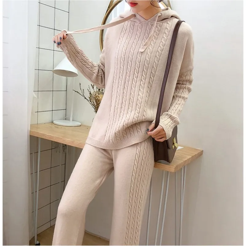 

2019 autumn winter Women Wool Knitted suit soft warm Suit Female wide legs pullover sweater & pant 2 piece set