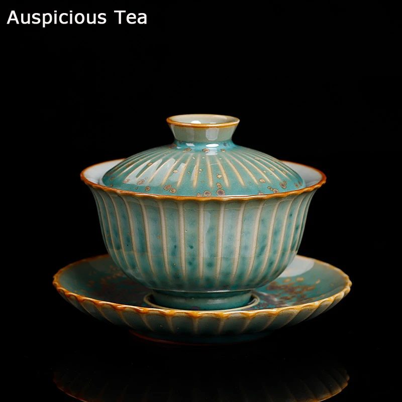 140ml Green Glaze Kiln Change Gaiwan Vintage Ceramic Kung Fu Tea Bowls Master Cup Pu'er Tea Tureen Cup Teapots Bowl With Lid