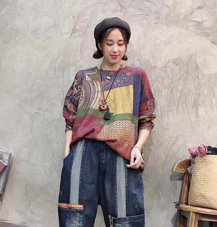 Национальный стиль 2019 осень и зима новый ретро свободный свитер с принтом