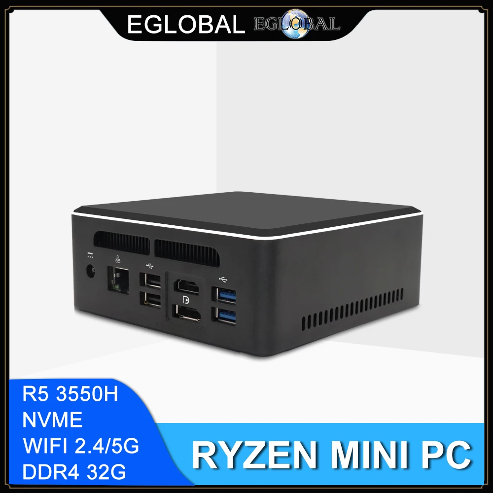 AMD Ryzen 7 2700 R5 3550H 2500U Mini Eglobal PC con Vega 8 gráfico 4K UHD DP HDMI tipo-C de juego de computadora de escritorio soporte Nvme SSD