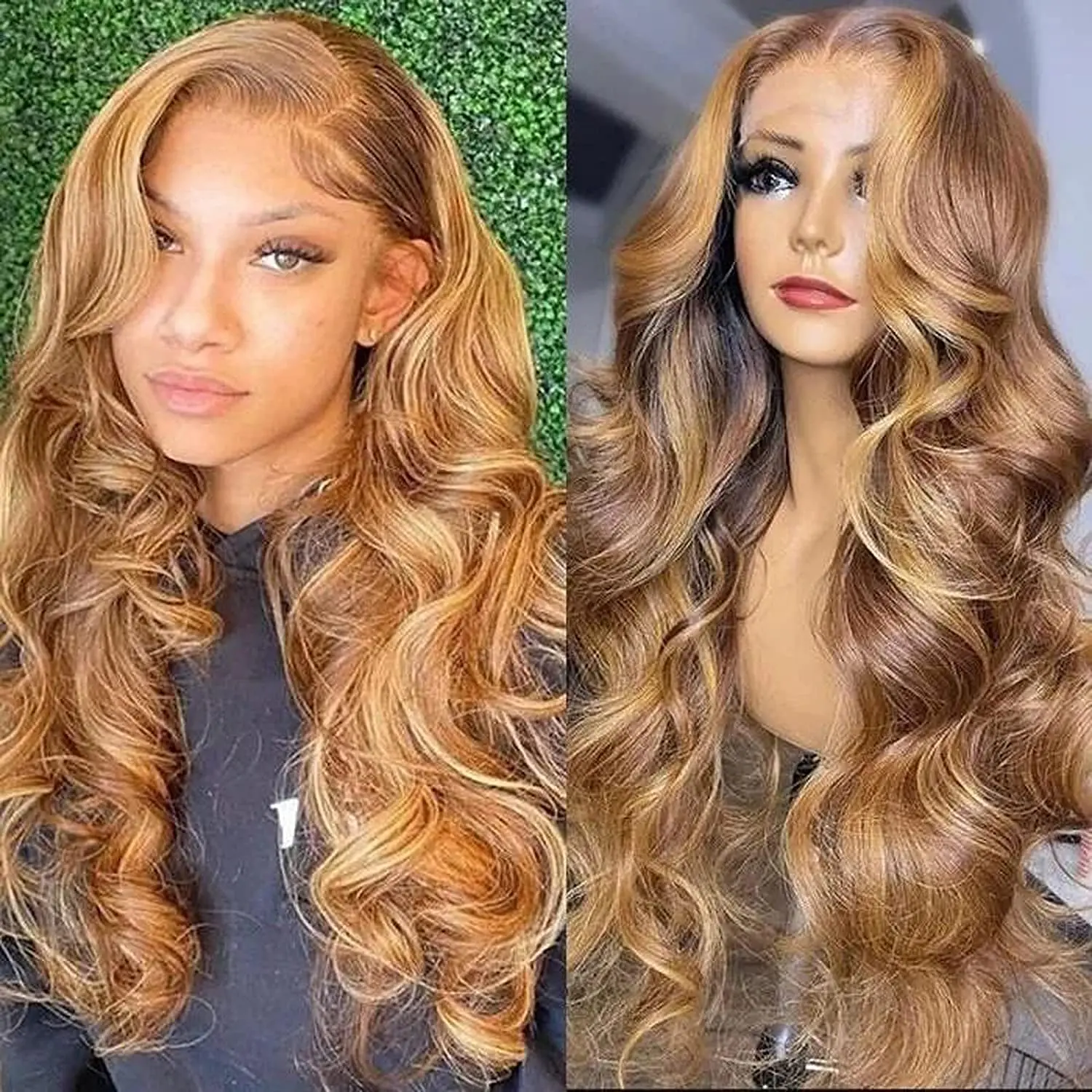 30inch Honey Blonde 13x4 Transparent Lace Front Wig Highlight Body Wave Ombre 27/30 Colored Human Hair Glueless Wig Ready To Go