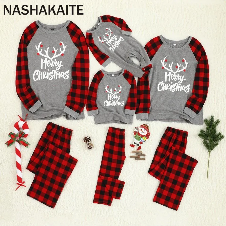 NASHAKAITE/семейные рождественские пижамы комплект из белого топа с принтом оленя и клетчатых штанов, одежда «Мама и я» одежда для сна для мамы, папы и детей