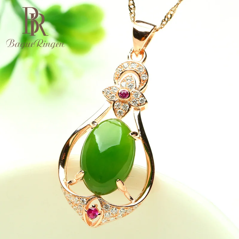 

Bague Ringen Sterling Silver 925 Necklaces For Women with oval shape green Jade Pendant Fashion Weddings woman party Gift