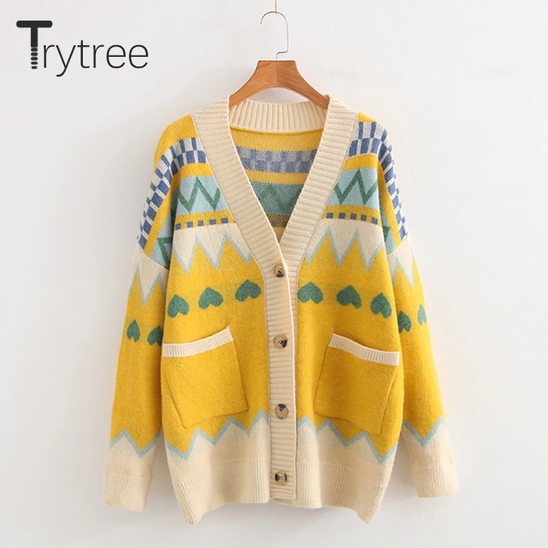 Trytree осень зима женский свитер Повседневный v-образный вырез однобортный с карманами Свободный вязаный модный офисный женский свитер Топы