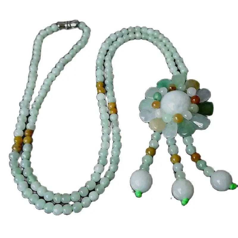 

Myanmar A Goods Natural Jade Sweater Chain Hand-Woven Jade Jade Bead Necklace Jade Sun Flower Pendant