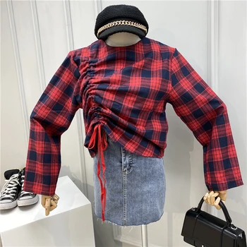 

2020 Spring Side Drawstring Lace-up Design Color Block Plaid Top Women's Round Neck Pullover Long-Sleeve Shirt Blouse Blouses