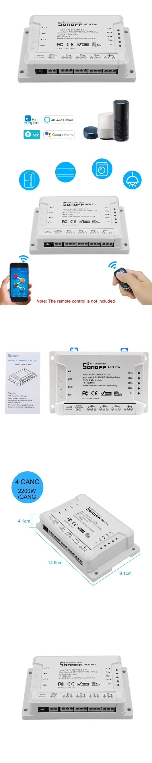 SONOFF 4CH Pro R2 ITEAD RF 433MHz 4 банды умный дом Wi-Fi коммутационные модули