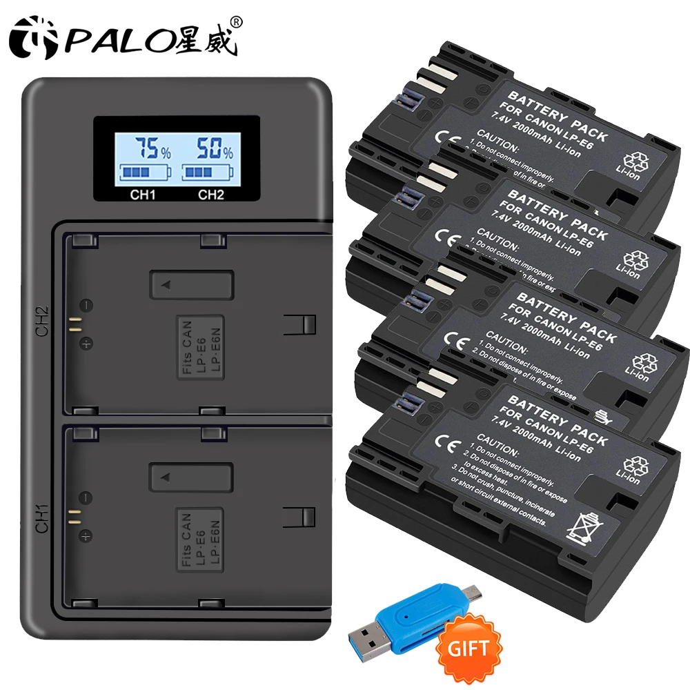 PALO 4 шт. LP-E6 LPE6 LP E6 E6N Камера Батарея+ LCD Dual charger для цифровой однообъективной зеркальной камеры Canon EOS 5DS R 5D Mark II 5D Mark III 6D 7D 80D EOS 5DS R