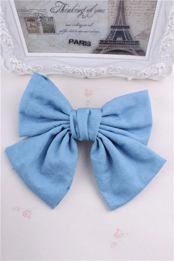 10 Colors Women Girls Vintage Soft Solid Denim Bow Barrette Big Size Lovely Bowknot Hair Clips Hairpin Blue Denim Headwear hairclips Hair Accessories