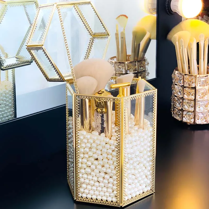 

HUNYOO Glass and Metal Perfume Bottles Makeup Brushes Holder Pearls box Square Gold Makeup Brushes Pearls Organizer With lid