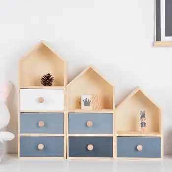 

House Shaped Drawer Box NIS Wooden Decoration Box Multi-layer Kids Bedroom Desktop DIY Cosmetic Toys Sundries Cabinet Organizer