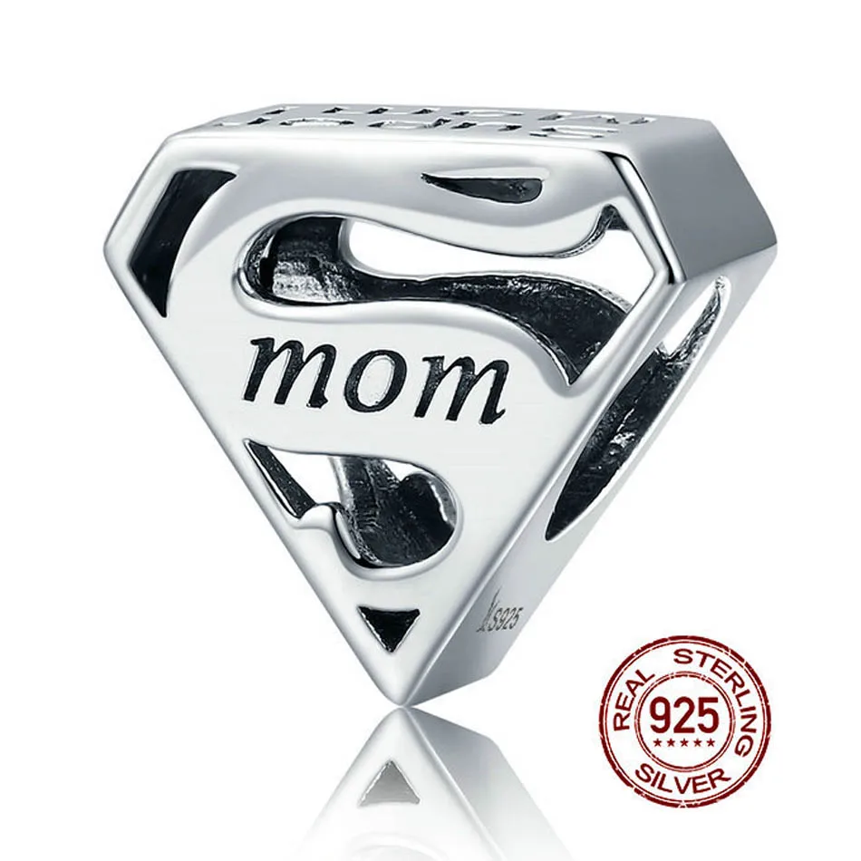 

Authentic S925 Sterling Silver Bead Openwork Super Mom Mum Mother Charm fit Lady Bracelet & Necklace DIY Jewelry