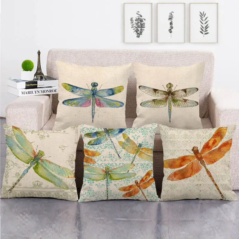 

45cm*45cm watercolor Dragonfly design linen/cotton throw pillow covers couch cushion cover home decor pillow