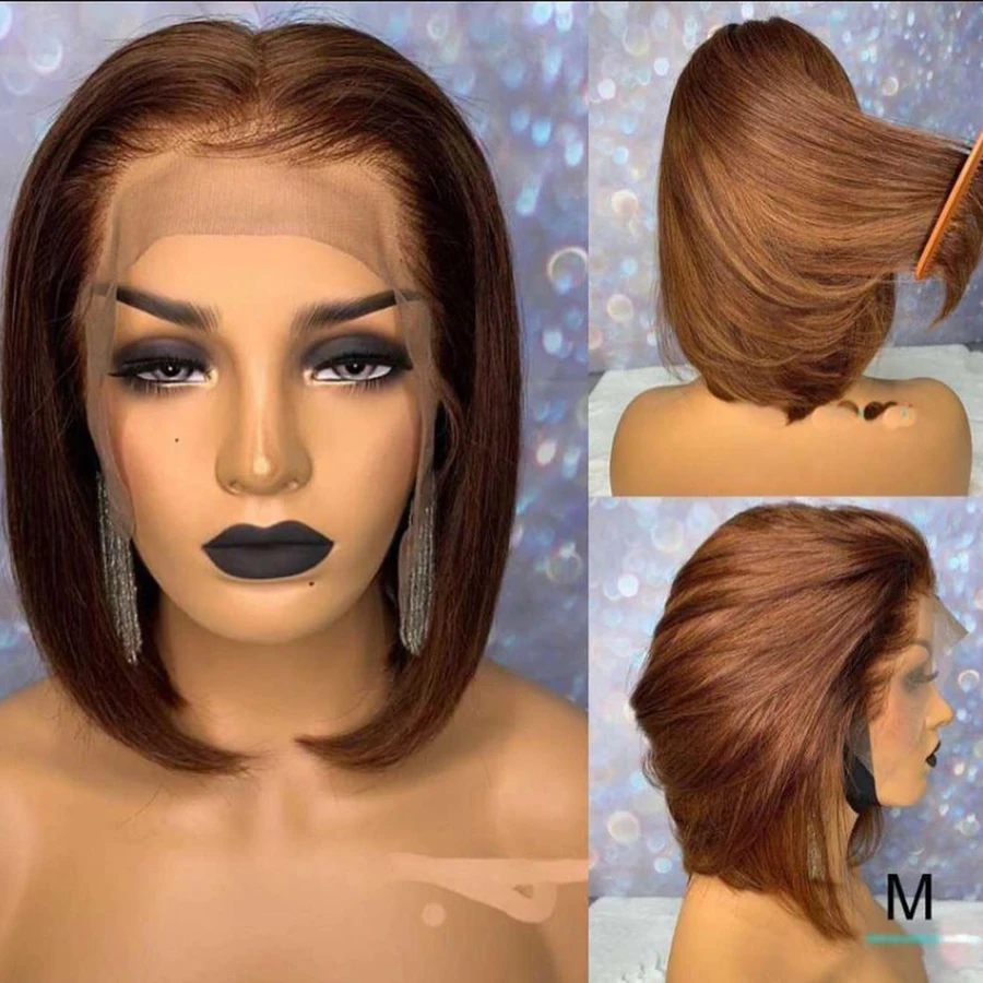 

Malaysia Medium Chestnut Brown Short Bob Full Lace Wigs 150Density 4x4 Silk Base Lace Front Human Hair Wigs for Black Women