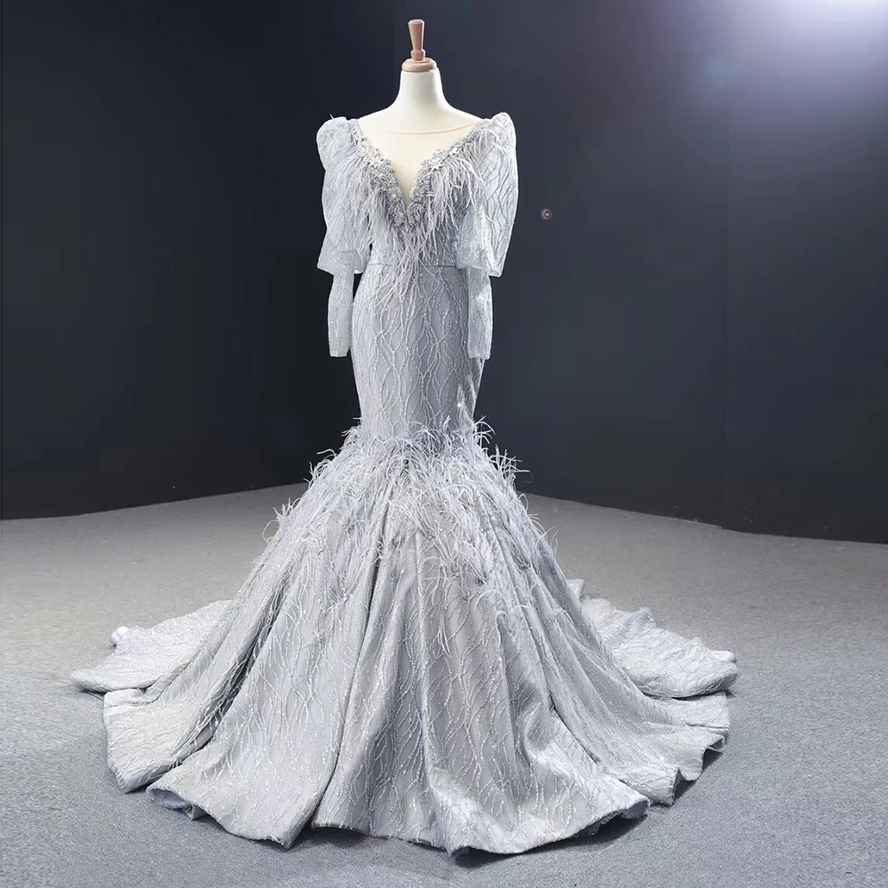 Vestido de Noiva, свадебное платье принцессы, Русалка на шаре, серое платье невесты с перьями, свадебное платье, Robe De Mariee YeWen