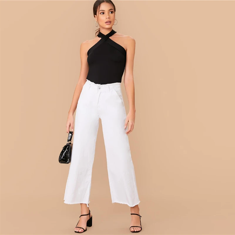 SHEIN черный однотонный Тонкий Топ с перекрещивающимися бретелями на спине, Женская Базовая одежда, тянущийся приталенный весенний элегантный топ на бретелях
