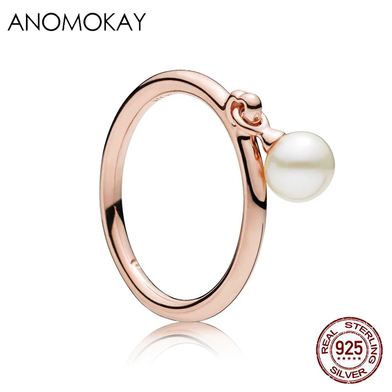 Anomokay Simple Series Rose Gold Color Finger Rings for Women Girl Authentic 925 Stelring Silver Simulation Pearl Ring Gift - Цвет основного камня: Rose Gold Ring