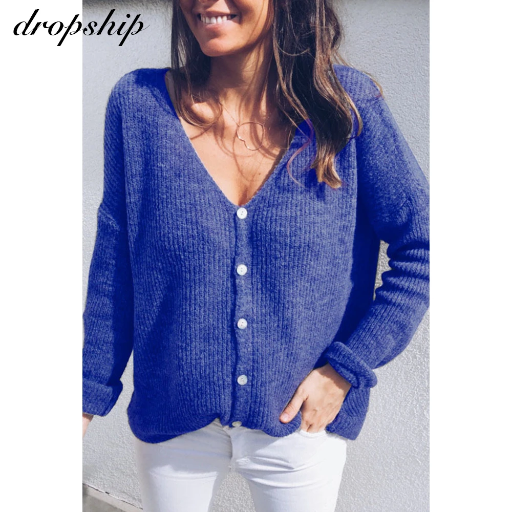 

New Autumn Winter Solid Color 2019 Knitted Cardigan Coat V Neck Casual Femal Button Fly Jumper Knit Outwear Sweater Tops