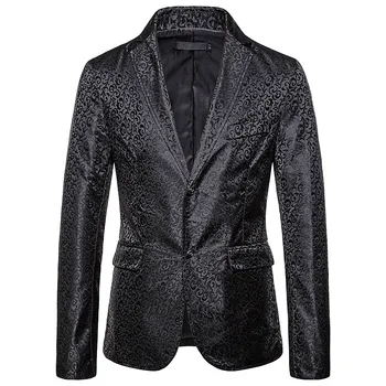 

New 2019 men's business casual fashion British nightclub party black suit men embossed craft single row two button wedding suit