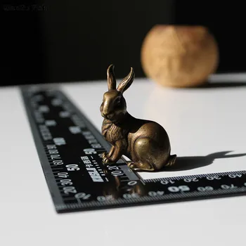 

Antique Solid copper Zodiac Lucky rabbit Statue Ornament Vintage Copper Animal rabbit Key chain Figurine Office Desk Decoration