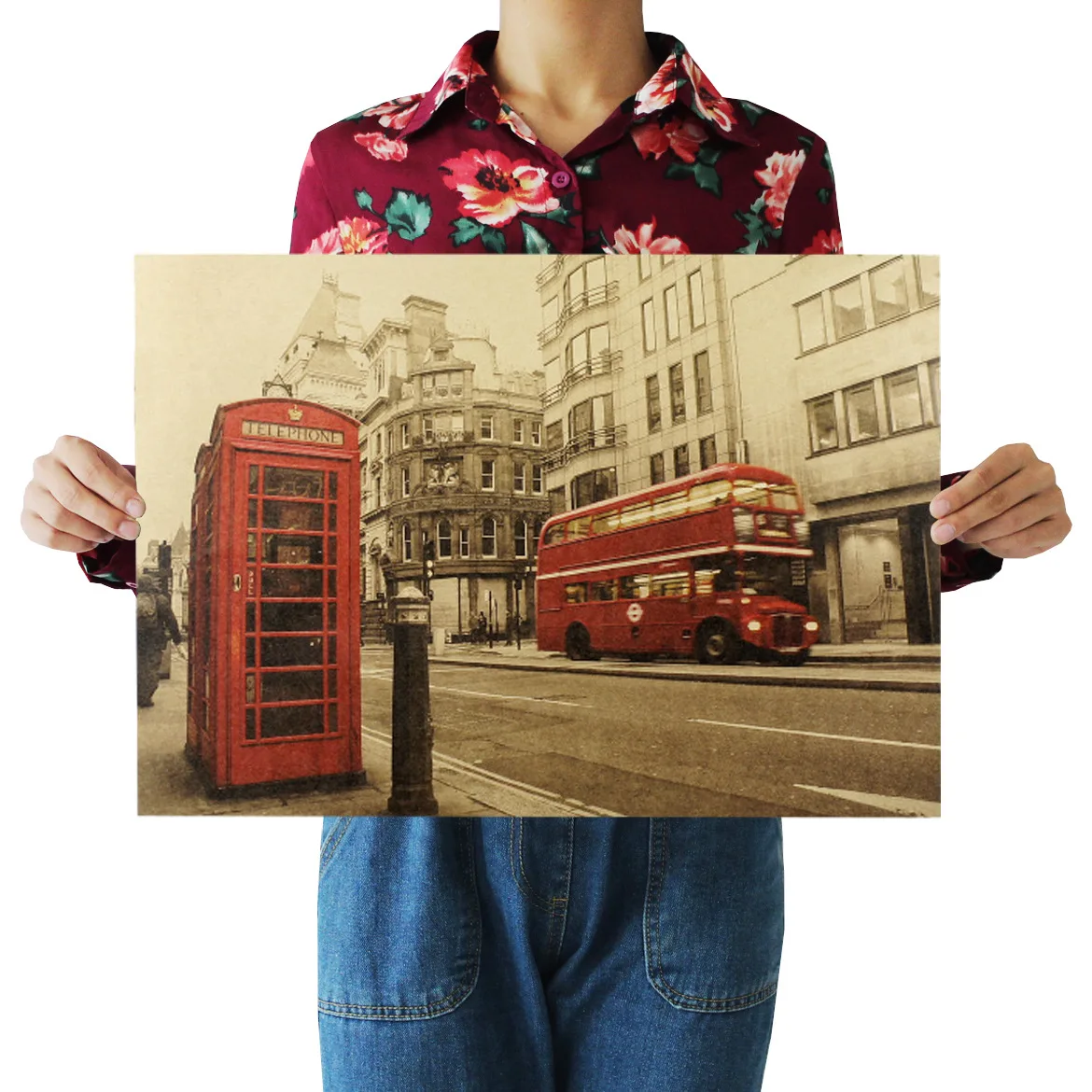 [B10] London Red Bus And Phone Booth Retro Kraftpaper Poster Indoor Cafe Decorative Painting