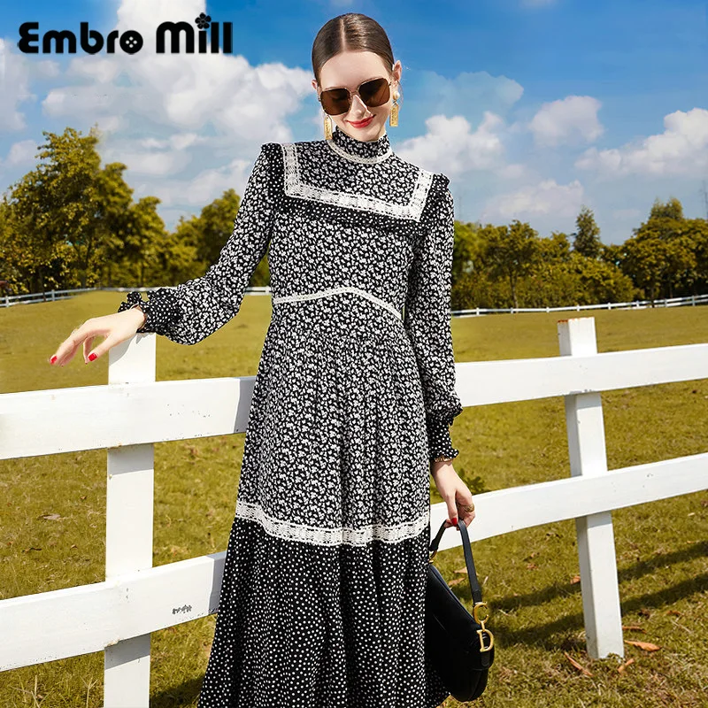 

Half High Collar Splice Lace Dress Women's Autumn Street Style Long Sleeve Slim Waist Mid-Length Elegant A-line Dress S-XL