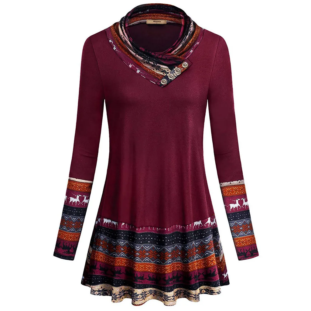 

Women Winter Tunic Blouse Casual Patchwork Print Heap Collar Clothes Pullover Long Sleeves Shirt Blouse Tops Chemisier Femme